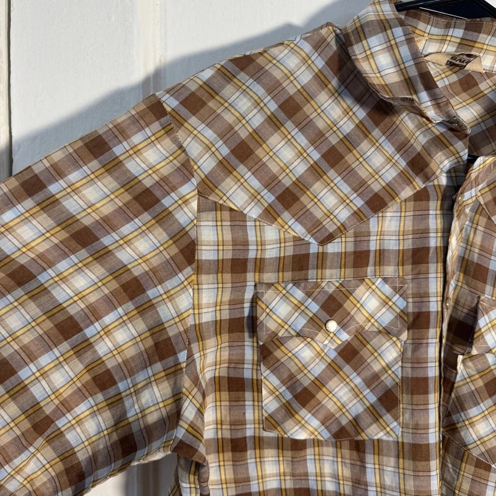 Vintage Levis Sportswear Western Pearl Snap Shirt Plaid Brown Blue Mens XL Cabin